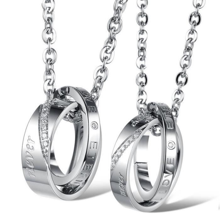 2Pcs Collier Double Anneau Colliers Pendentifs Bijoux acier inoxydable collier pour couple