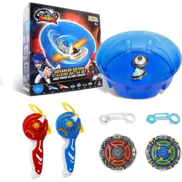 INFINITY NADO – BATTLE SET TOUPIES EMPILABLES x2 AVEC ARÈNE DE COMBAT - Set Arène de Jeu avec 2 Toupies Nado, 2 Lanceurs et 2 Anneau