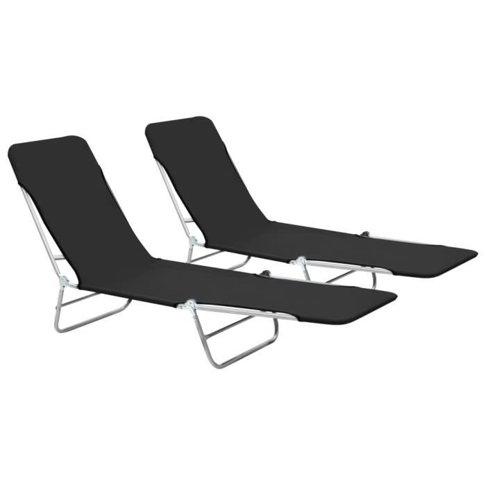 Nouveau - Lot de 2 Chaises longues pliables Bain de soleil Set de 2 Chaise de Repose Acier et tissu Noir *35409