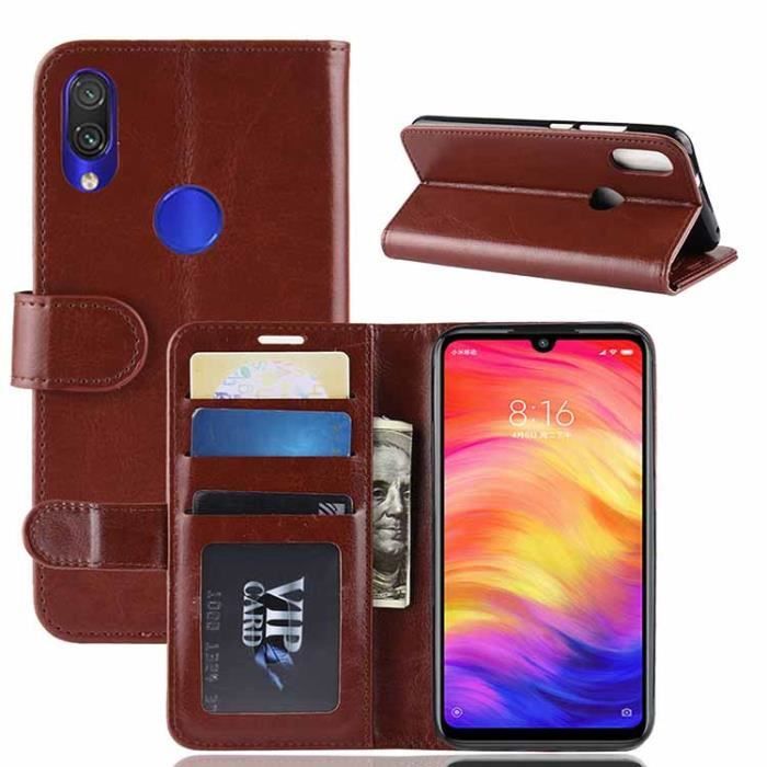 Étui Xiaomi Redmi Note 7, Portefeuille Silicone Cuir Ultra-fin Support Fermeture Magnétique Housse Protection, Marron