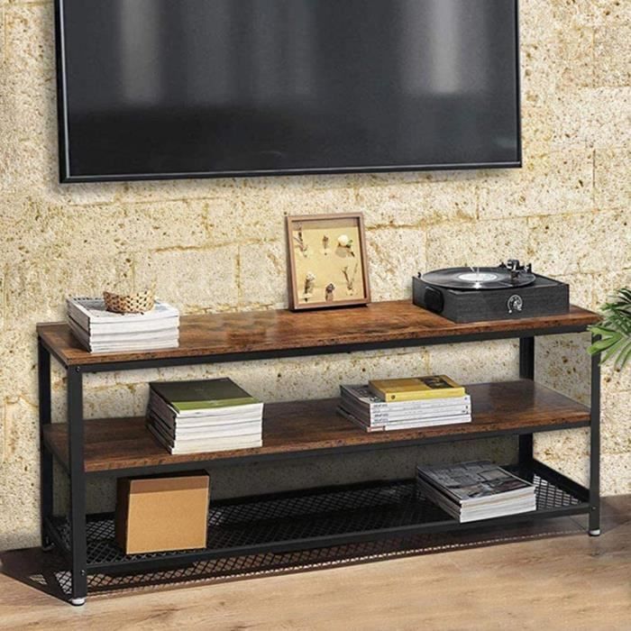 Meuble TV en Bois MDF et métal avec 2 étagères, Porte Console vidéo, DVD, Meuble Porte-téléviseur, Design Moderne, Industriel, Dimen