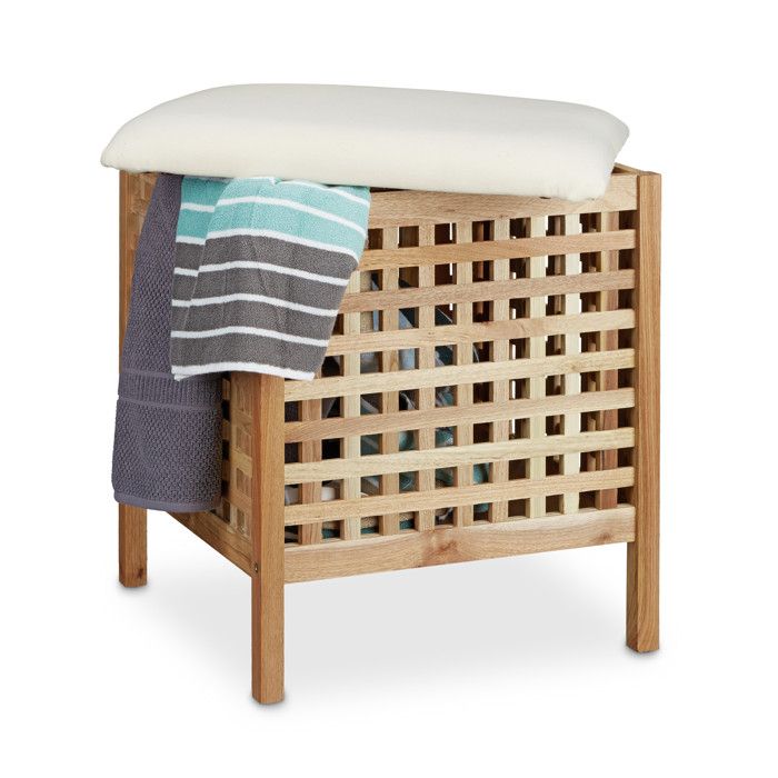 Relaxdays Tabouret de salle de bain en bois de noyer HxlxP: 52 x 49 x 49 cm corbeille à linge et coussin en lin rangement panier à