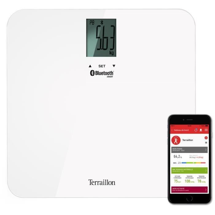Terraillon Balance Connecté 8 Mémoires Utilisateurs Bluetooth 160kg Web Coach Form Blanc