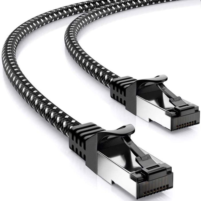 Câble Réseau CAT7 DeleyCON 0,25m - Blindé S/FTP, 10 Gbit/s, 600 MHz, Gaine Nylon - Pour Connexion Ultra-rapide Routeur, PC, TV, Console - 4