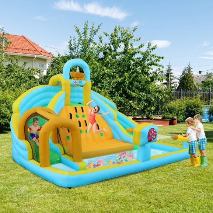 Château Gonflable Avec Piscine, Toboggan Aquatique, Mur D’escalade Et Trampoline – 375x292x230 Cm – Thème Océan – Pour Enfants De 3 à 8 Ans