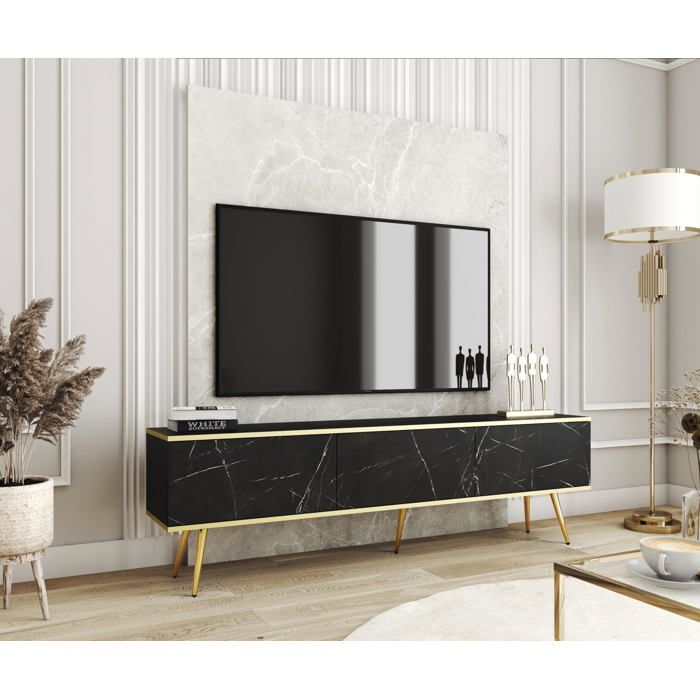 Meuble TV en Couleur NOIR / marbre avec Pieds en OR D: l : 175 cm H : cm P : 32 cm