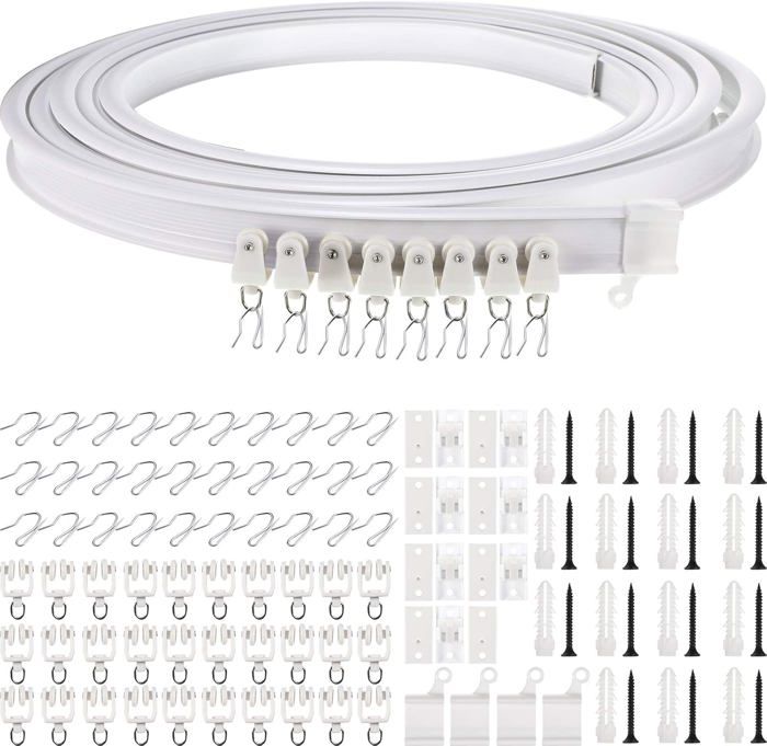 Rail De Rideau Plafond Flexible BNGXR 3m - Incurvé Avec Rouleaux Muets - Blanc Pour Fenêtre, Balcon