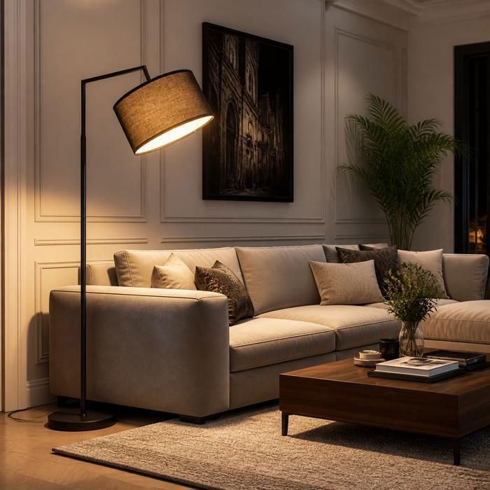 Lampadaire arc noir moderne avec abat-jour tissu NETTLIFE – Lampe sur pied salon E27 pour lecture et décoration intérieure