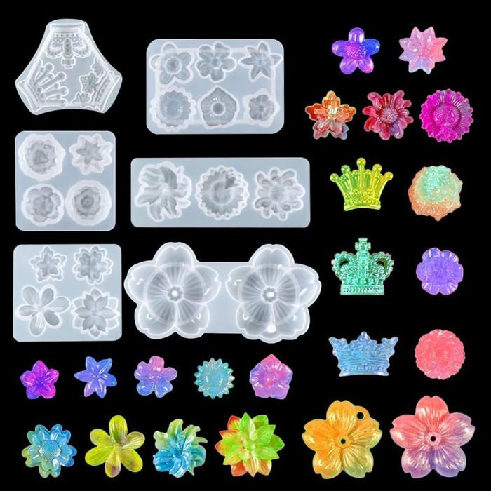 Moules à Bijoux En Silicone - Lot De 4 Pour Boucles D'oreilles Résine - Formes Fleurs, Feuilles, Cœurs - DIY Créatif