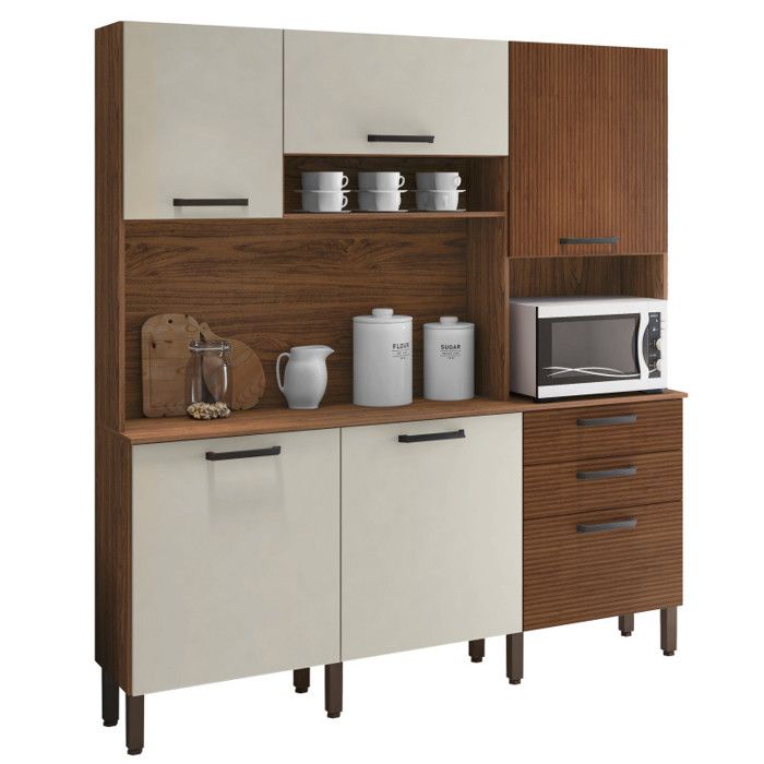 Buffet de Cuisine 6 Portes 2 Tiroirs Noyer et Blanc Ecru L 180.2 H 198 P 38.8 cm - L 180.2 x l 38.8 x H 198 cm Buffet de Cuisine 6 Portes 2 Tiroirs Noyer et Blanc Ecru L 180.2 H 198 P 38.8 cm - L 180.2 x l 38.8 x H 198 cm
