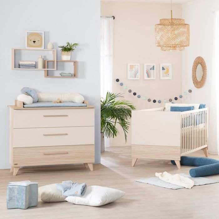 Chambre bébé duo : Lit évolutif 70 x 140 cm + Commode à langer - SIDNEY - ROBA - Chêne / Beige