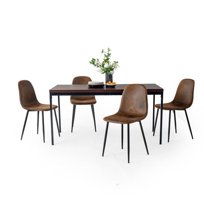Ensemble table et chaises 5 pcs - FURNITURER - L150 cm - 4 places - Faux daim marron - Pieds métalliques Ensemble table et chaises 5 pcs - FURNITURER - L150 cm - 4 places - Faux daim marron - Pieds métalliques