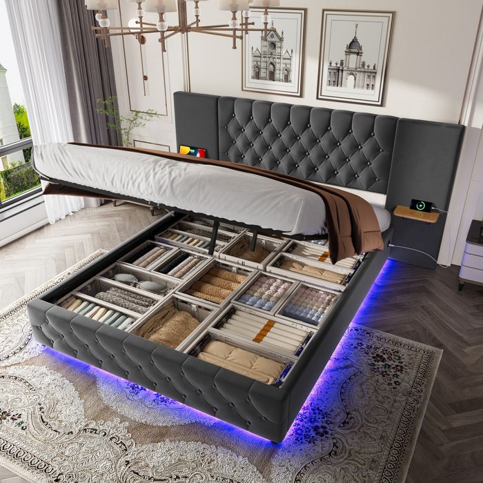 Lit Coffre 140 X 200 Cm, Lit Double - éclairage LED, Port USB Type C Et Rangements Tissu Lin Gris Matelas
