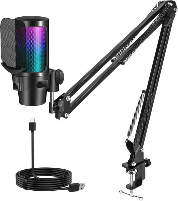 Microphone Gaming USB Avec RGB - Micro Condensateur Bras Streaming Pour PC, PS4, PS5
