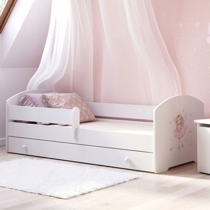 Lit pour enfant LUK – Blanc 160 x 80 cm avec barrière tiroir et matelas – avec graphique de petite fille avec des ailes
