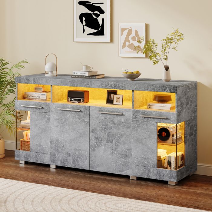Buffet moderne haute brillance 140x40x70 cm - avec LED - 4 portes et 9 compartiments de rangement - gris