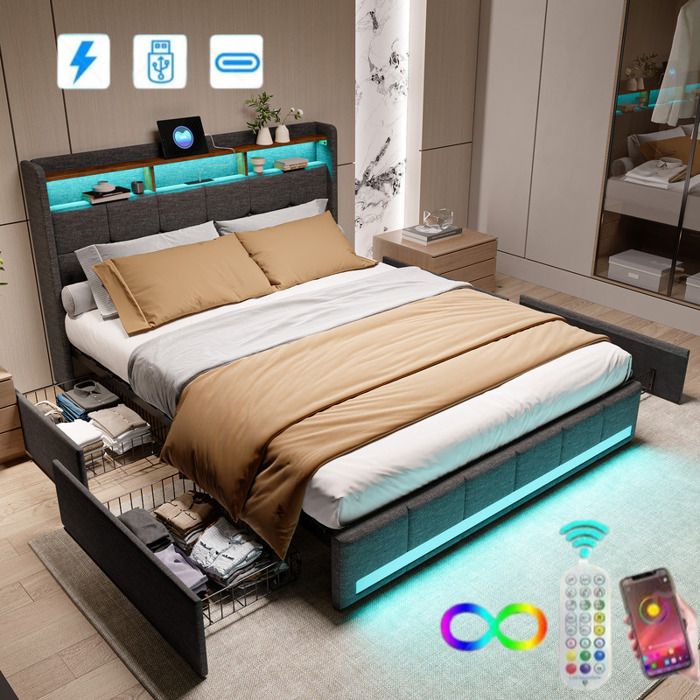Lit 140×200 cm avec LED ADWOLT lit adulte 140×200 cm avec sommier à lattes ports USB et Type C 4 tiroirs tissu en lin gris