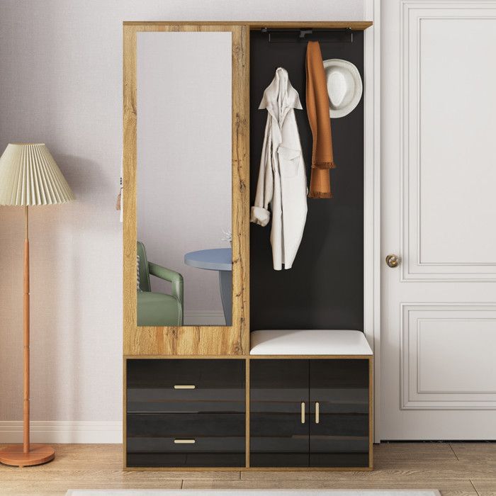 Ensemble de garde-robe - Vestiaire dentrée - de couleur noire et bois avec miroir - armoire à chaussures - Meuble dentrée