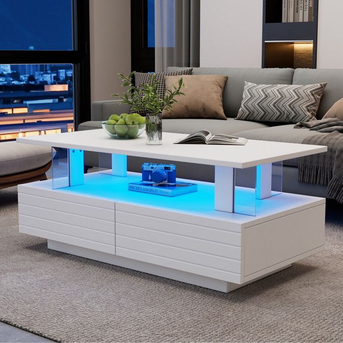 Table Basse Moderne avec Éclairage LED Table de Salon en Acrylique avec Fonction de Rangement Table dappoint Rectangulaire Blanc