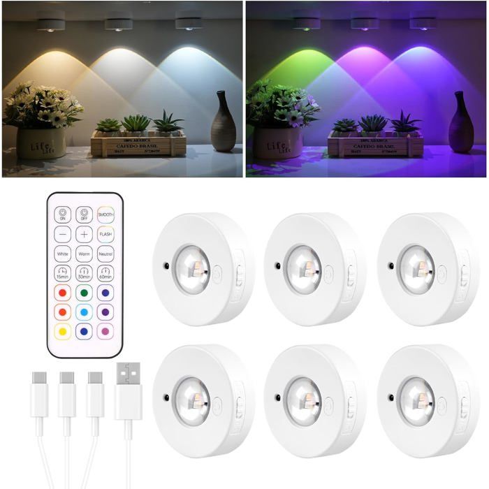 RGB Spot LED sans Fil avec télécommande 6 pièces Lumière de Placard rechargeable USB LED Éclairage de Led Vitrine