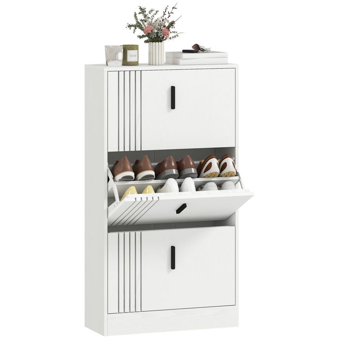 Meuble à chaussures - HOMCOM - 3 abattants - 18 paires grande capacité - en bois 63 x 24 x 117 cm - blanc Meuble à chaussures - HOMCOM - 3 abattants - 18 paires grande capacité - en bois 63 x 24 x 117 cm - blanc