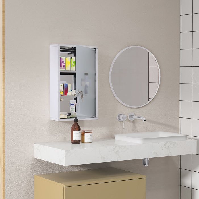 Armoire à pharmacie murale à 3 niveaux en acier inoxydable avec porte verrouillable en verre avec 2 clés