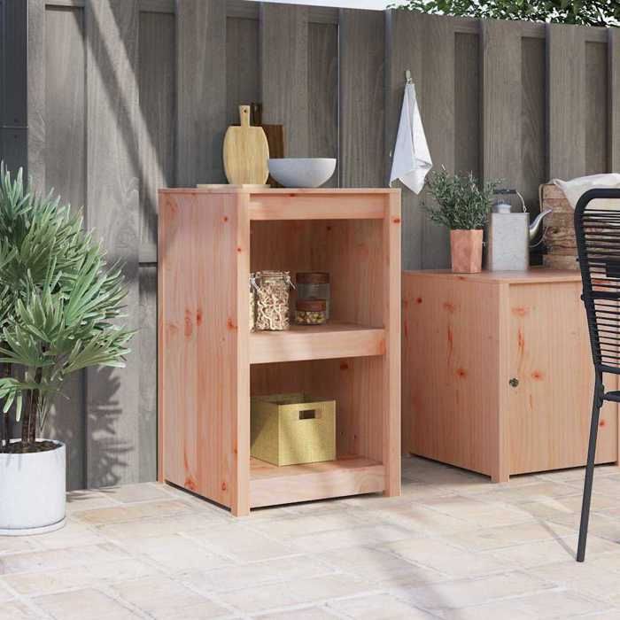 Meuble bas de cuisine chêne brun style contemporain en pin massif avec porte et 2 étagères format compact