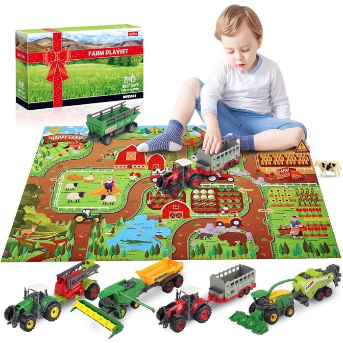 Kit de jeu Oriate 34 pièces Tracteur de ferme Camion moulé Jouet 12 cm Tapis 120x80 cm