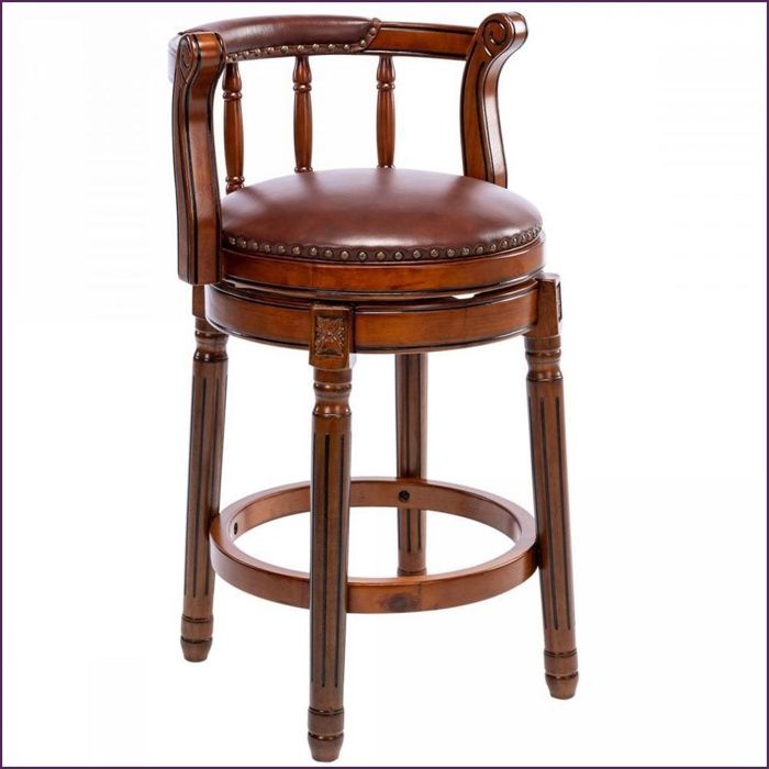 Chaise de bar en cuir véritable et bois - Pivotante 360° avec dossier - Marron