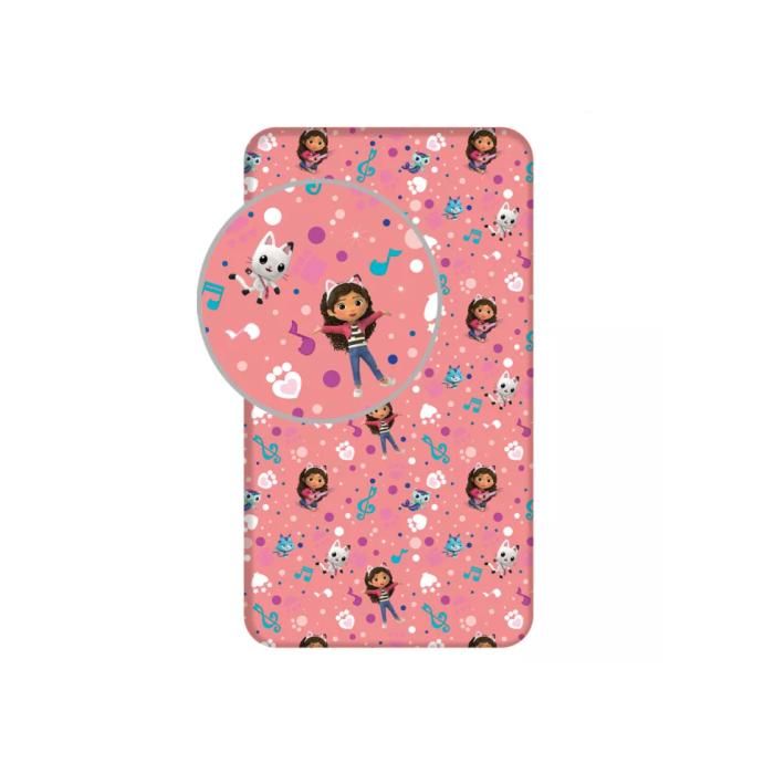 Drap housse lit enfant 90 x 200 cm GABBYS DOLLHOUSE - 100% Coton - Rose