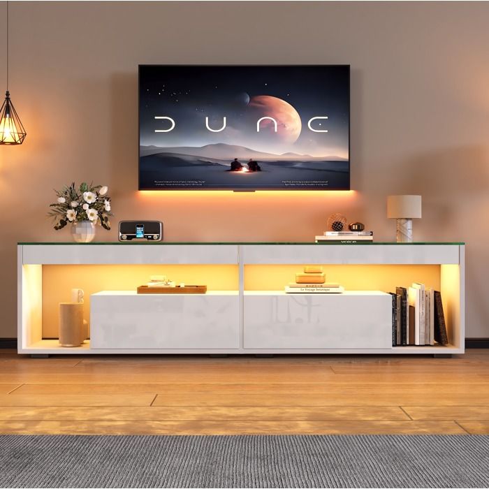MEUBLIV Meuble TV avec éclairage LED et 2 tiroirs 180 x 40 x 46 cm panneau de particules blanc