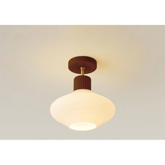 Plafonnier semi-encastré - PZCC - PZCC - Abat-jour verre rainuré - Base bois noyer - E27 40W