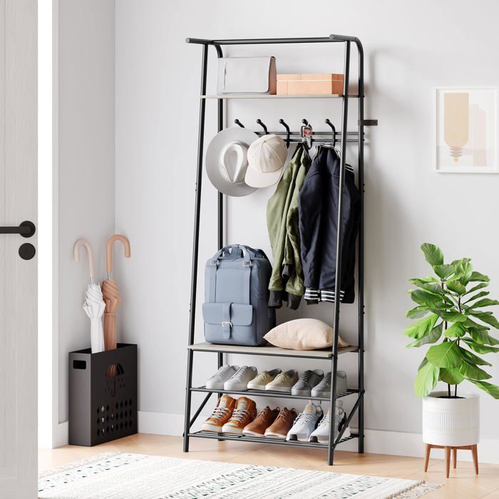 Meuble dentrée 4 en 1 - LUNSY - 64x31x180 cm - Gris - Tringle intégrée - Banc à chaussures - Range-chaussures - Patères
