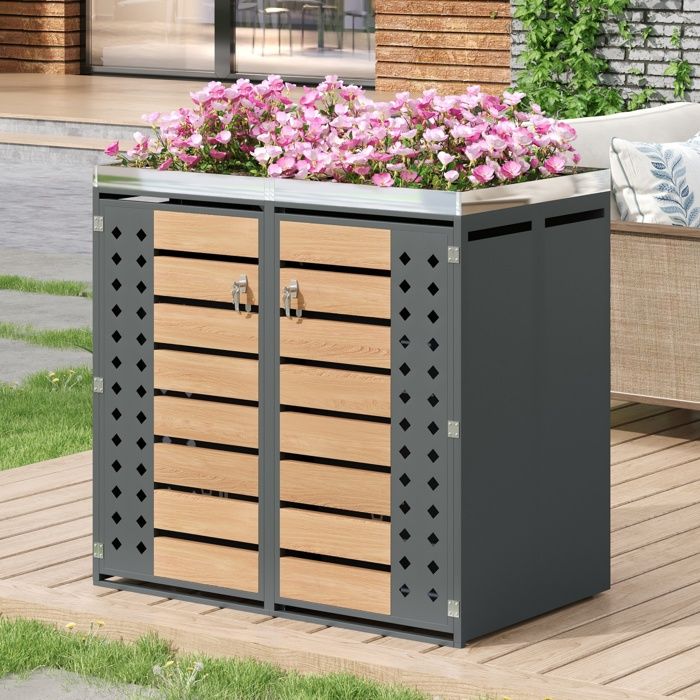 Abri Cache Poubelle de Jardin pour 2 poubelles standard 132×80×1245 cm 2 portes verrouillables Métal Gris + Bois