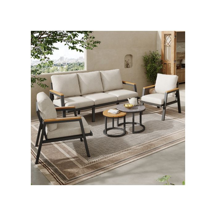 Salon de jardin extérieur lounge canapé 3 places 2 fauteuils et 2 tables basses plateau de verre laqué marbre et coussins confo