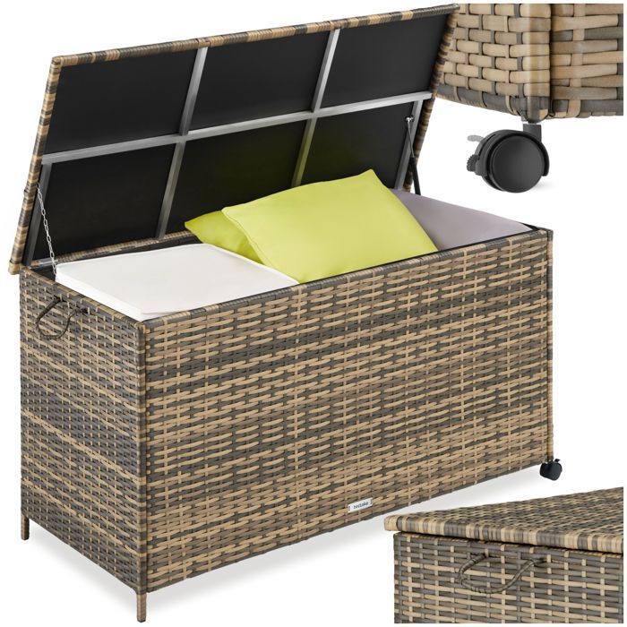 Rangement dextérieur - TECTAKE - Coffre de jardin KUUSAMO en rotin avec roulettes résistant aux UV 117x54x64 cm - Marron