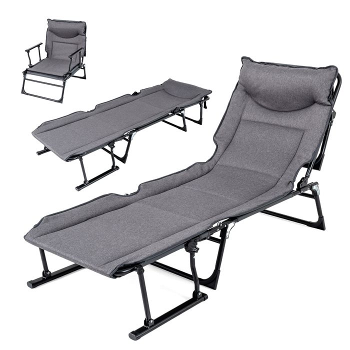 COSTWAY Lit de Camp Pliable avec Dossier Réglable à 6 Positions Coussin Intégré Cadre en Métal Robuste 180 x 67 5 x 37 cm