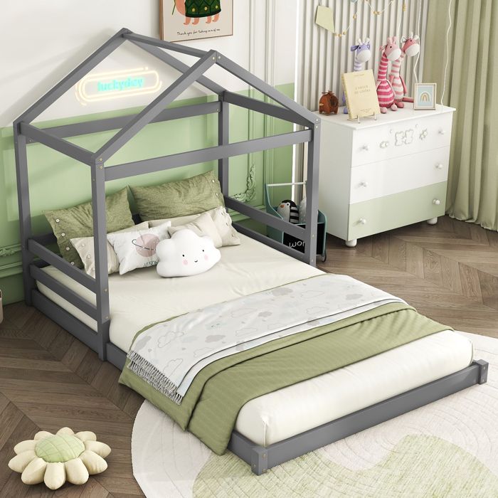 Lit cabane enfant 140×200 cm 2 places structure basse style maison - MEUNIQ - sans matelas pin et MDF gris