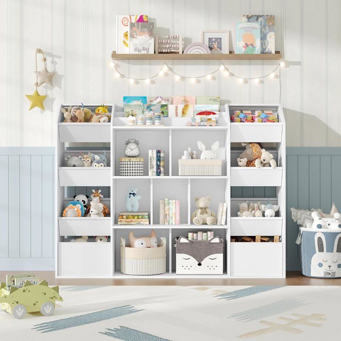 Bibliothèque Enfant Meuble Rangement Enfan Étagère à Jouets 8 Boîtes en Non-tissé pour Chambre denfant SalonsBlanc