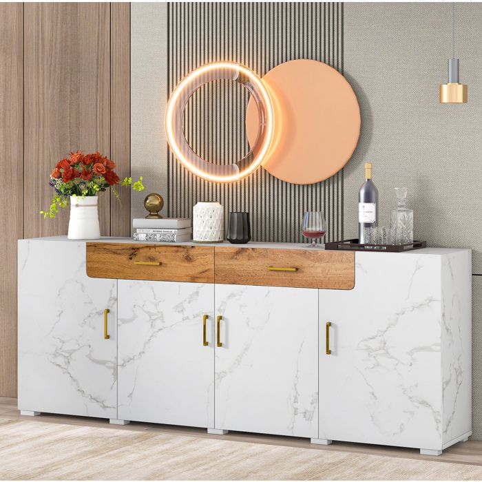 Buffet bas 4 portes 2 tiroirs - TCQPZ - Rangement salon en panneaux de particules PVC blanc marbre effet bois 208 × 39 5 × 80 cm