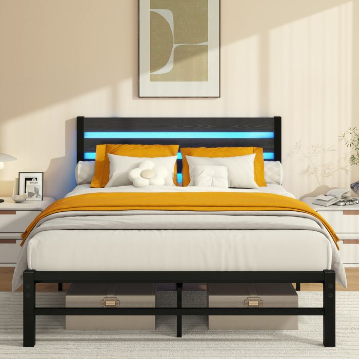 140x200cm Cadre de lit avec plaque de tête Cadre de lit en métal avec station de recharge USB Cadre de lit à LED Support en couch