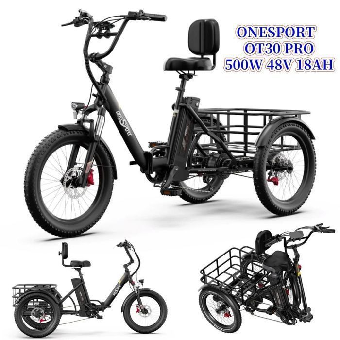 TRICYCLE ONESPORT OT30pro，20 Pouces，VELO TANDEM，Moteur 500W（60NM）， Batterie 18Ah 48V，Freins hydrauliques，Autonomie 90 km，APP 180kg