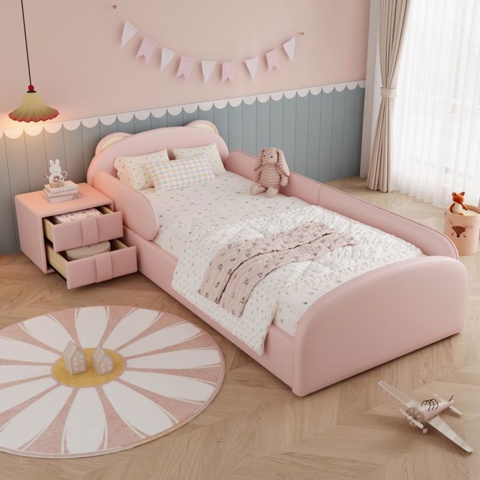 Lit enfant capitonné 90×200 cm Lit fille Lit simple en PU avec tête de lit dours table de chevet sommiers à lattes - rose