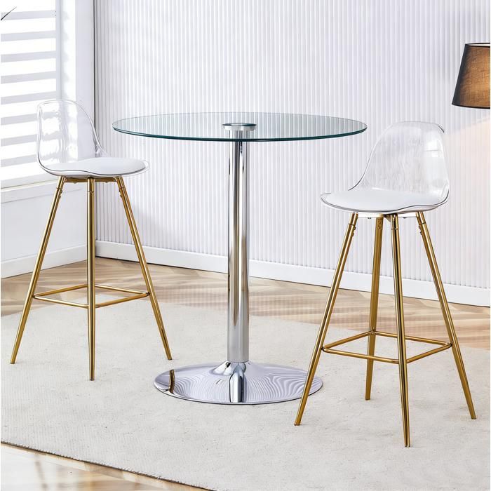 Table haute de bar avec deux tabourets 2 personnes table ronde verre 89 cm 2 tabourets transparents métal doré
