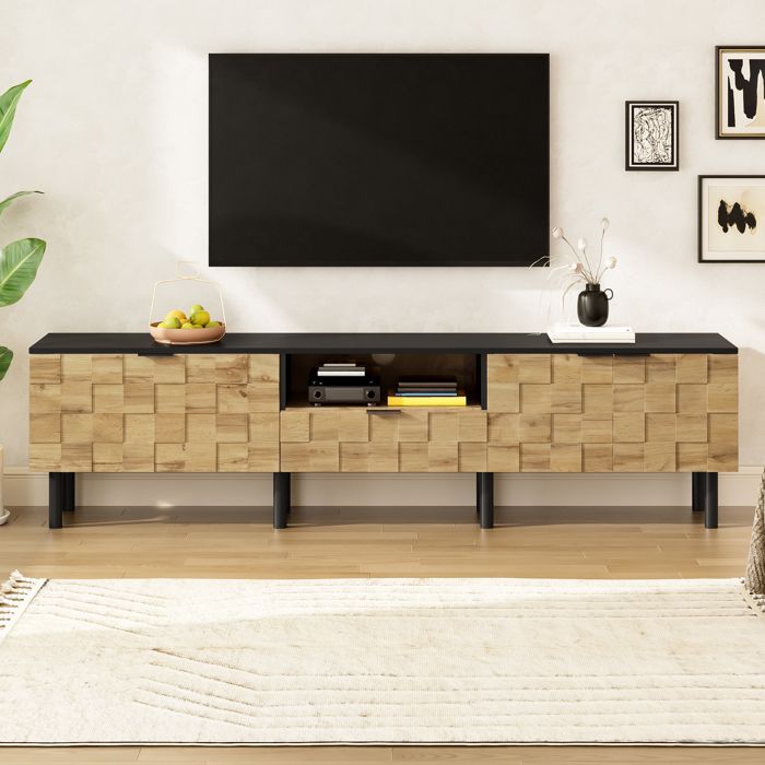 Meuble TV mosaïque effet bois 2 portes 1 tiroir niche ouverte pieds métal passe-câbles rangement salon moderne nordique design