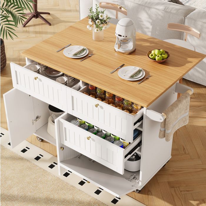 Îlot Cuisine Mobile 133x70x88 cm desserte pliante à roulettes et pieds réglables MDF blanc