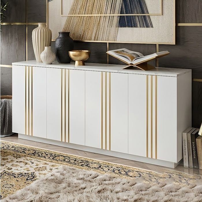 Buffet Bas 140cm 4 Portes à Ouverture Poussoir Décoration Lignes Dorées & Top Effet Marbre Meuble dEntrée Salon Chic