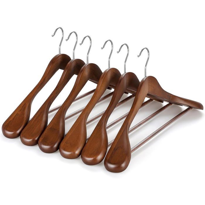 Cintres en bois épaules larges avec barre antiglisse CT02WA pour costumes et manteaux lot de 6 noyer