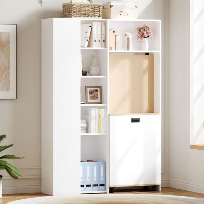 Bureau multifonction pliable dangle 104 5x30 5x160 cm blanc bibliothèque étagères modulables et port USB