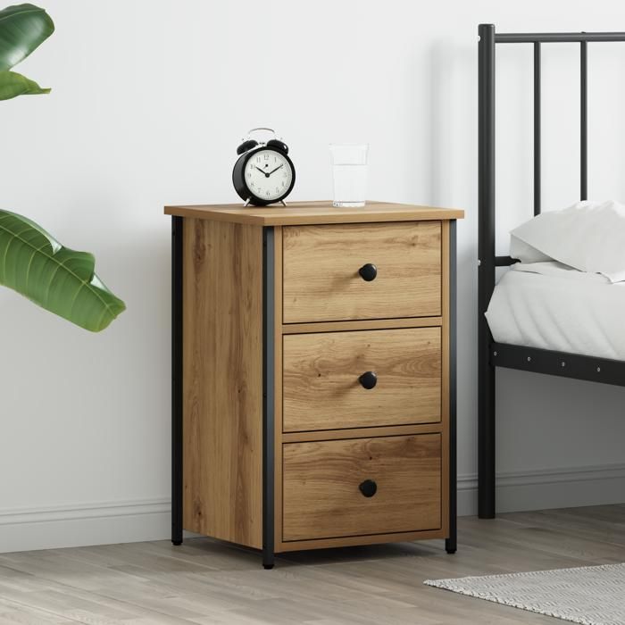 Cabinet de chevet bois recyclé solide - Table de Nuit/ Commode Chambre - Marron - 3 tiroirs - 40 x 36 x 60 cm 144529nky32s